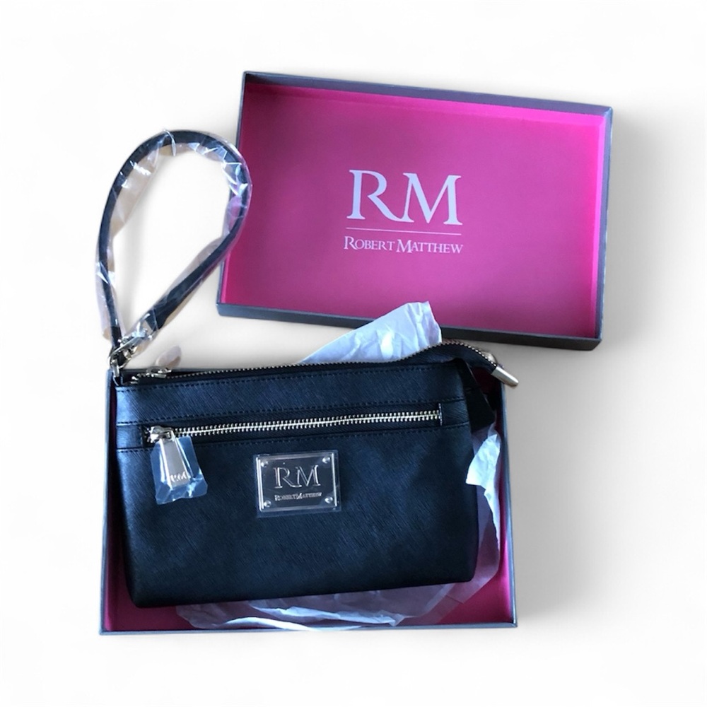 Robert Matthew New Black Saffiano Leather 24K Gold Wristlet Clutch Shoulder Bag